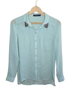 Trouve Mint Green Sheer Button Front Long Sleeve Blouse Beaded Collar Size XS